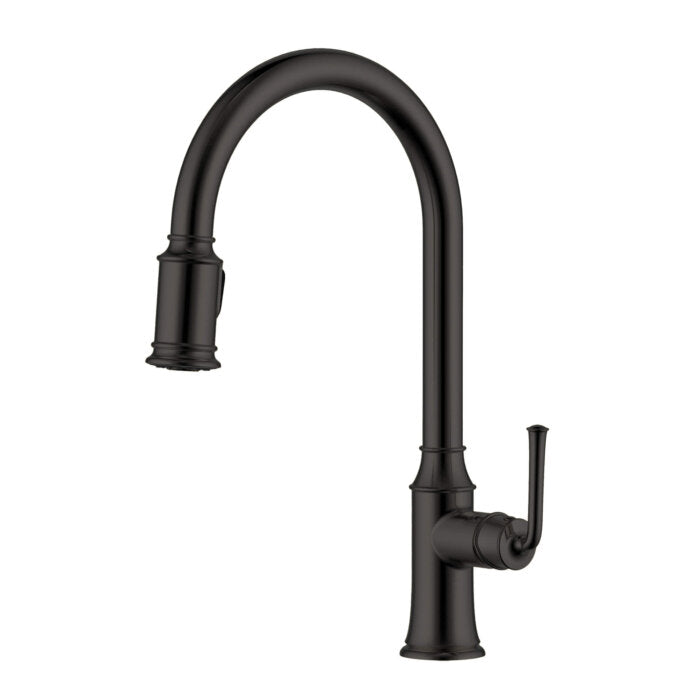 Simoni Model: RVF1234MB Ruvati Simoni Matte Black Pull Down Kitchen Faucet Single Handle Traditional Classic Style Gooseneck with Sprayer – RVF1234MB
