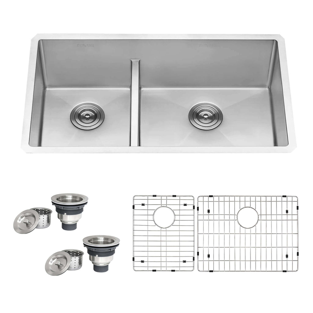 Urbana Ruvati 33-inch Low-Divide Undermount 40/60 Double Bowl 16 Gauge Rounded Corners Stainless Steel Kitchen Sink – Model# RVH7418