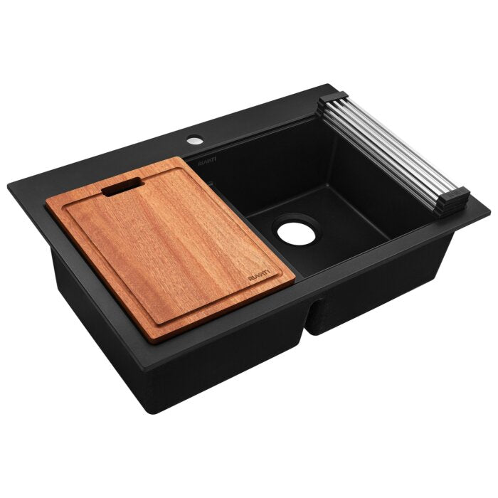 Ruvati 33-inch epiStage Drop-in Topmount Workstation Granite Composite Kitchen Sink 50/50 Double Bowl - Midnight Black - Model# RVG1343BK