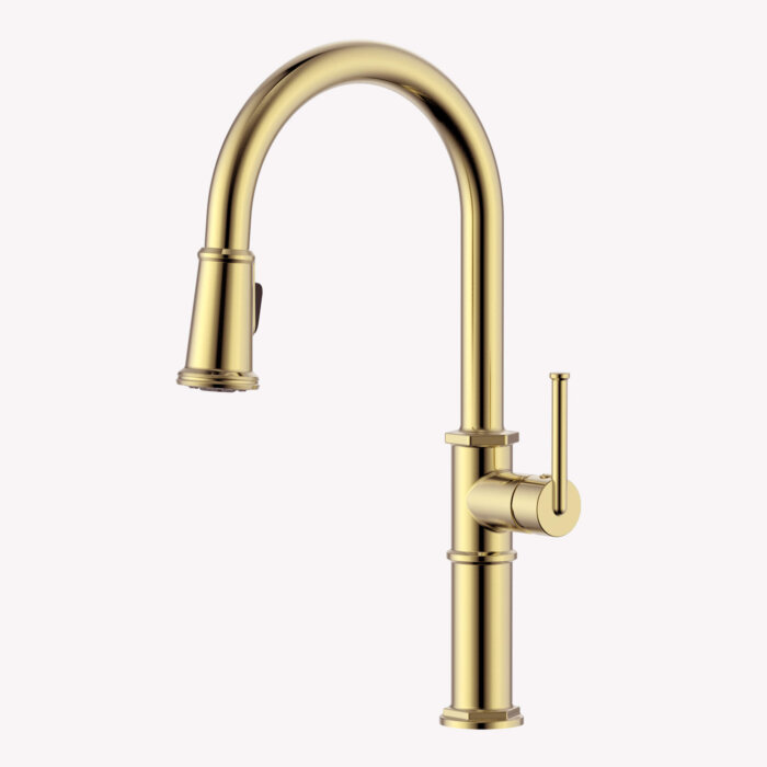 Idris Model: RVF1239SG Ruvati Idris Single Handle Pull Down Kitchen Faucet Tall High Arc Gooseneck with Sprayer in Brushed Gold – RVF1239SG