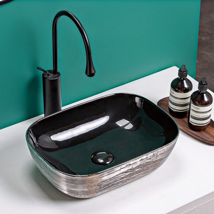 Ruvati 20 x 16 inch Bathroom Vessel Sink Silver Decorative Art Above Vanity Counter Black Ceramic – Model#  RVB2016BS