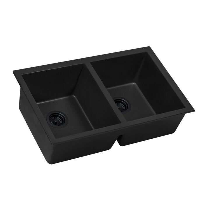 epiGranite Model: RVG2388BK Ruvati 32 x 19 inch Granite Composite Quartz Undermount Double Bowl Kitchen Sink – Midnight Black – RVG2388BK