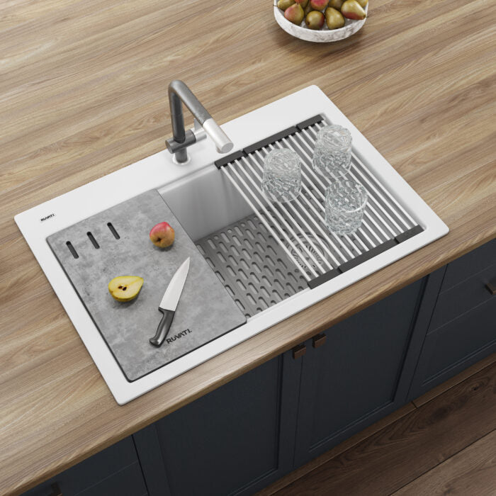 epiStage Ruvati 33-inch Granite Composite Workstation Drop-in Top Mount Kitchen Sink Matte White – Model# RVG1302WH