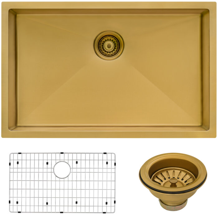 Terraza Ruvati 30" Undermount Satin Matte Gold Stainless Steel Kitchen Sink 16 Gauge Single Bowl – Model# RVH6300GG
