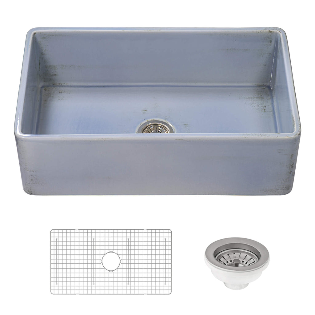 Fiamma Ruvati 33" Fireclay Distressed Finish Farmhouse Apron-Front Kitchen Sink Reversible – Coastal Blue – Model# RVL2300SB