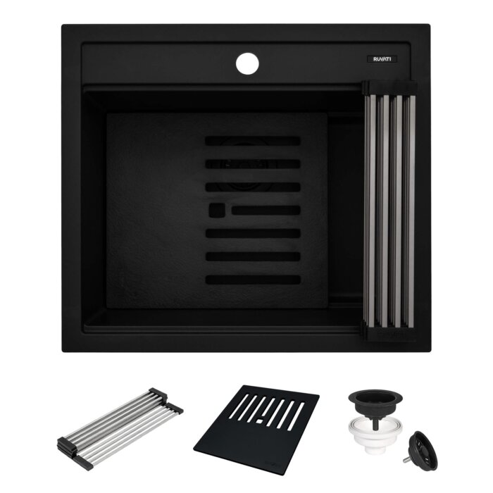 epiCube Model: RVG1622BK Ruvati 23-inch epiCube Granite Composite Quartz Workstation Matte Black Drop-in Topmount Wet Bar Prep Sink – RVG1622BK