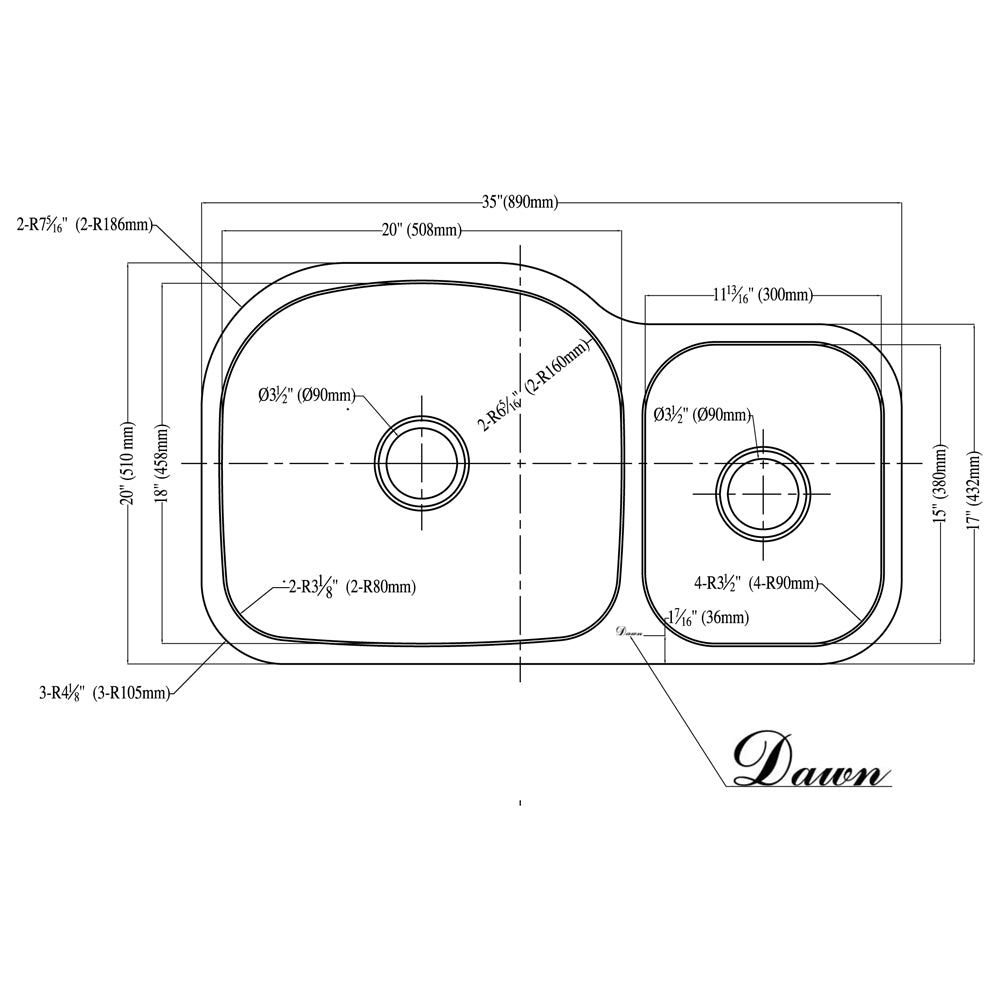 Dawn 35" Undermount Unequal Double Bowl Stainless Steel Kitchen Sink Model #ASU107R