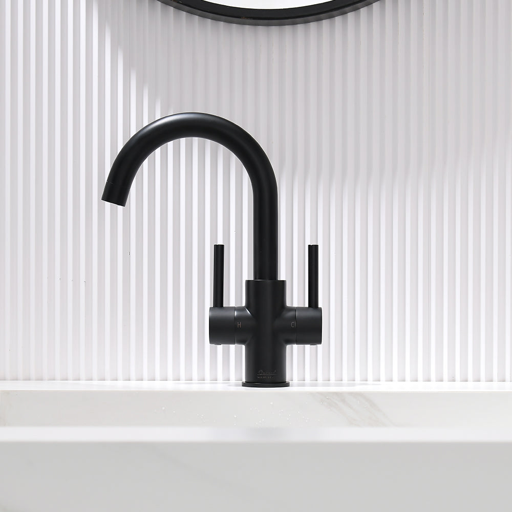 Oakland Two Handle Bathroom Sink Faucet with Pop Up Drain in Matte Black – Model # KSB1217MB