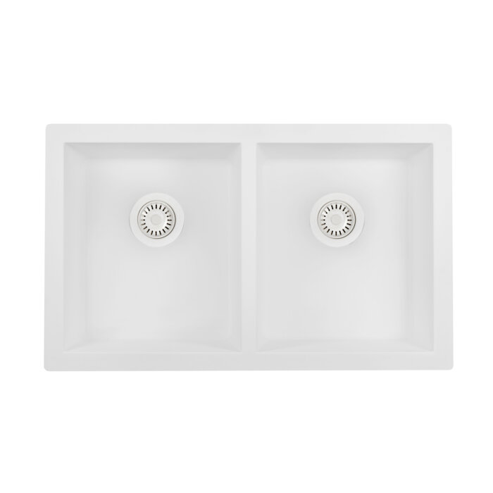 Ruvati 32 x 19 inch Granite Composite Quartz Undermount Double Bowl Kitchen Sink – Arctic White Matte – RVG2388WH