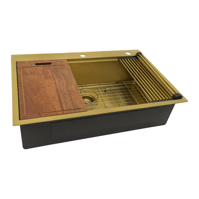 Giana Ruvati 33-inch Matte Gold Workstation Drop-in Topmount Kitchen Sink Single Bowl – Model# RVH5003GG