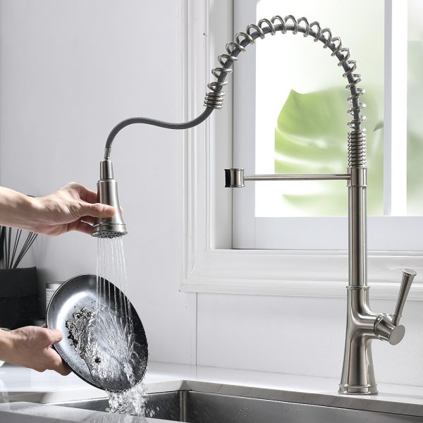 Single Handle 1 Hole Pull-Down Kitchen Faucet with Spring in Brushed Nickel Model# KSK1133BN