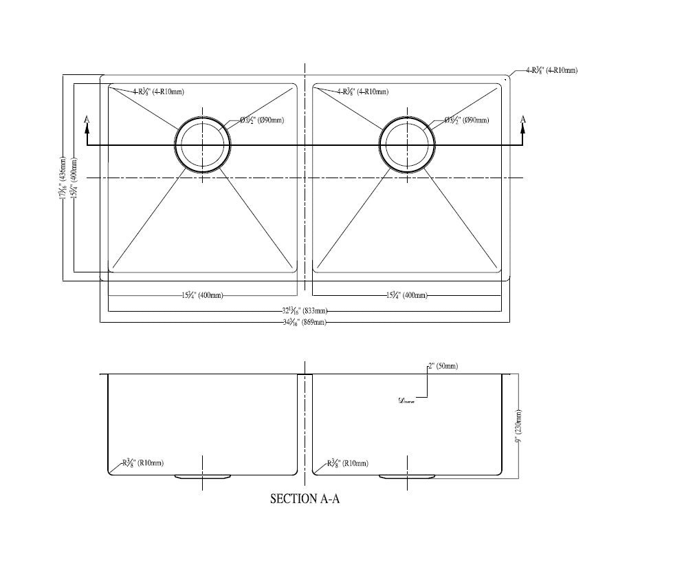 Dawn Extra Small Corner Radius Stainless Steel Undermount Equal Double Bowl Kitchen Sink Model# XSR321616