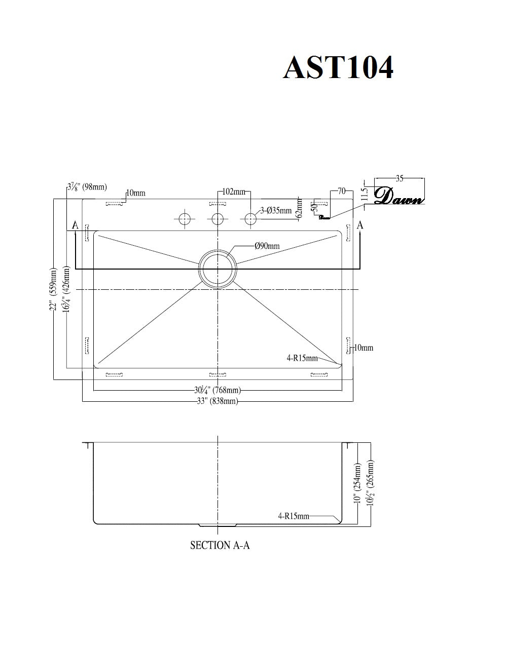 Dawn Single Bowl Topmount  Kitchen Sink With 3 Holes For Faucet Model# AST104