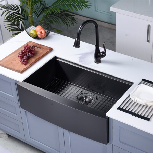 Oakland 33″ Workstation Farmhouse Kitchen Sink 90 Degree Square with Curved Front In Matte Black Model# WSF332110MB