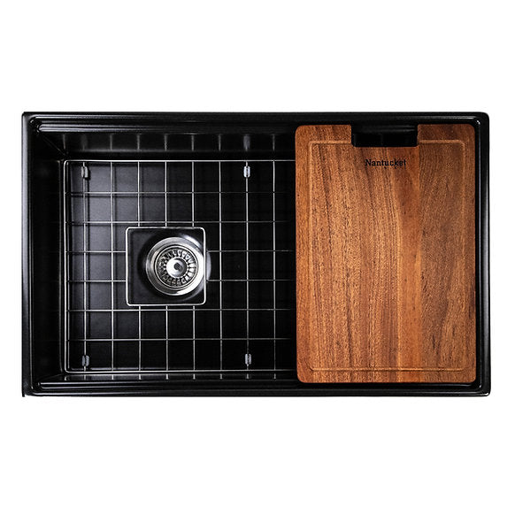 Nantucket Sinks - 30" Fireclay Reversible Workstation Farmhouse Fireclay Sink with Offset Drain and Accessories Model# T-PS30MB