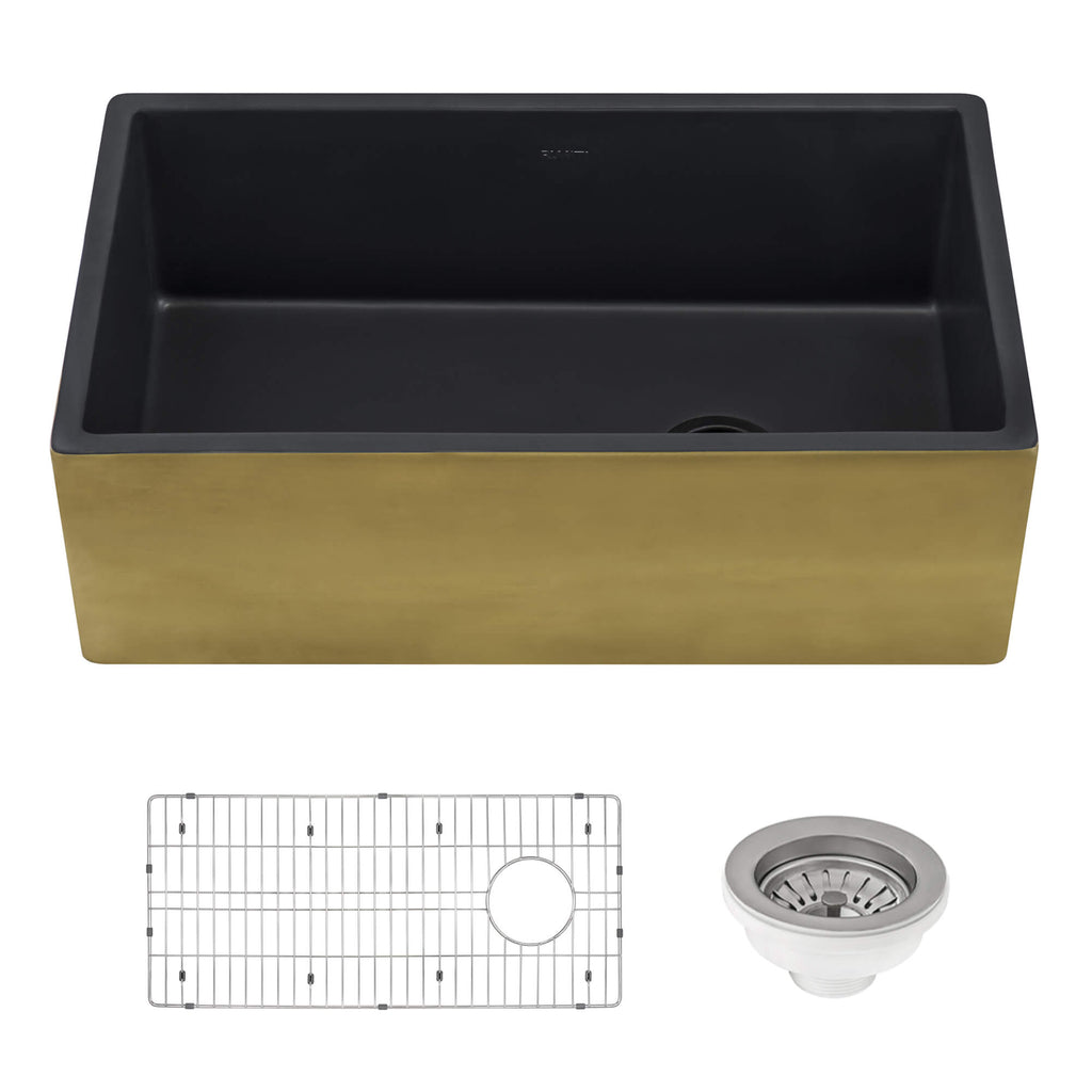 Fiamma Model: RVL4018GRG Ruvati 30-inch Matte Black and Brushed Gold Fireclay Modern Farmhouse Kitchen Sink Single Bowl – RVL4018GRG