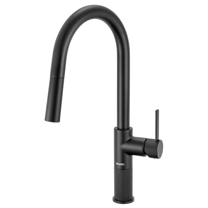 Isola Model: RVF1248MB Ruvati Isola Single Handle Pull Down Kitchen Faucet Modern Knurled with Sprayer in Matte Black – RVF1248MB