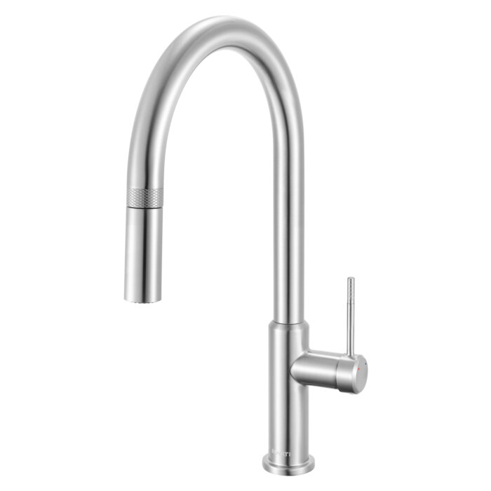Vestia Model: RVF1237BN Ruvati Vestia Single Handle Pull Down Kitchen Faucet Knurling Contemporary with Sprayer in Stainless Steel – RVF1237BN