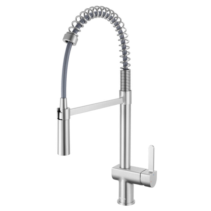 Seneca Model: RVF1243BN Ruvati Seneca Single Handle Pull Down Modern Kitchen Faucet with Pre-Rinse Sprayer in Stainless Steel – RVF1243BN