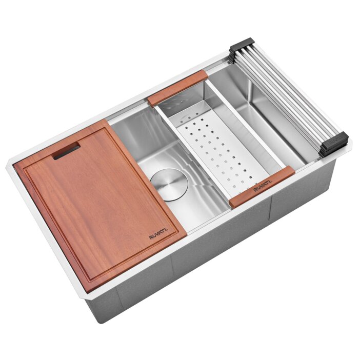 Roma Pro Ruvati 32-inch Workstation Ledge Rounded Corners Undermount 16 Gauge Kitchen Sink Single Bowl – Model # RVH8301