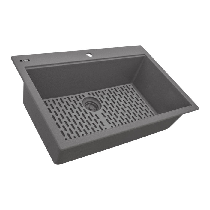 epiGranite Model: RVG1080UG Ruvati 33 x 22 inch epiGranite Drop-in Topmount Granite Composite Quartz Single Bowl Kitchen Sink – Urban Gray – RVG1080UG