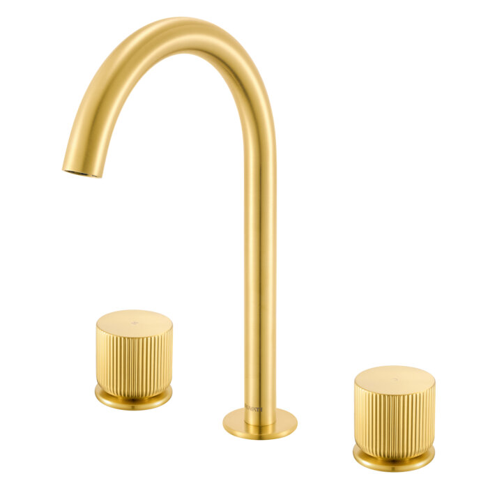 Fabio Model: RVF5238SG Ruvati Fabio Two Handle Widespread Fluted Knob Arc Round Neck Bathroom Faucet in Brushed Gold – RVF5238SG