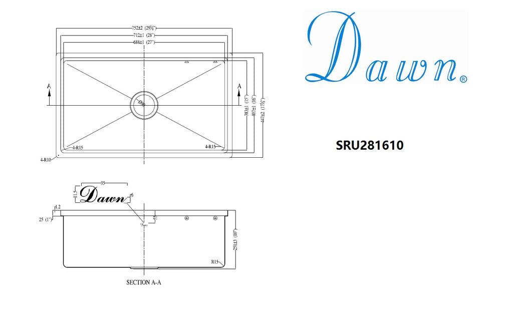 Dawn - 30" Single Bowl Small Radius Undermount Stainless Steel Kitchen Sink In 18 Gauge Model# SRU281610