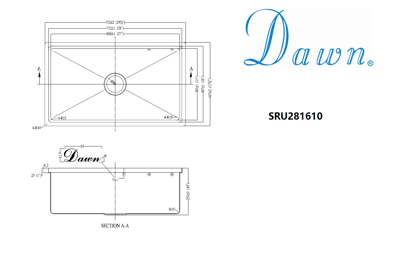 Dawn - 30" Single Bowl Small Radius Undermount Stainless Steel Kitchen Sink In 18 Gauge Model# SRU281610