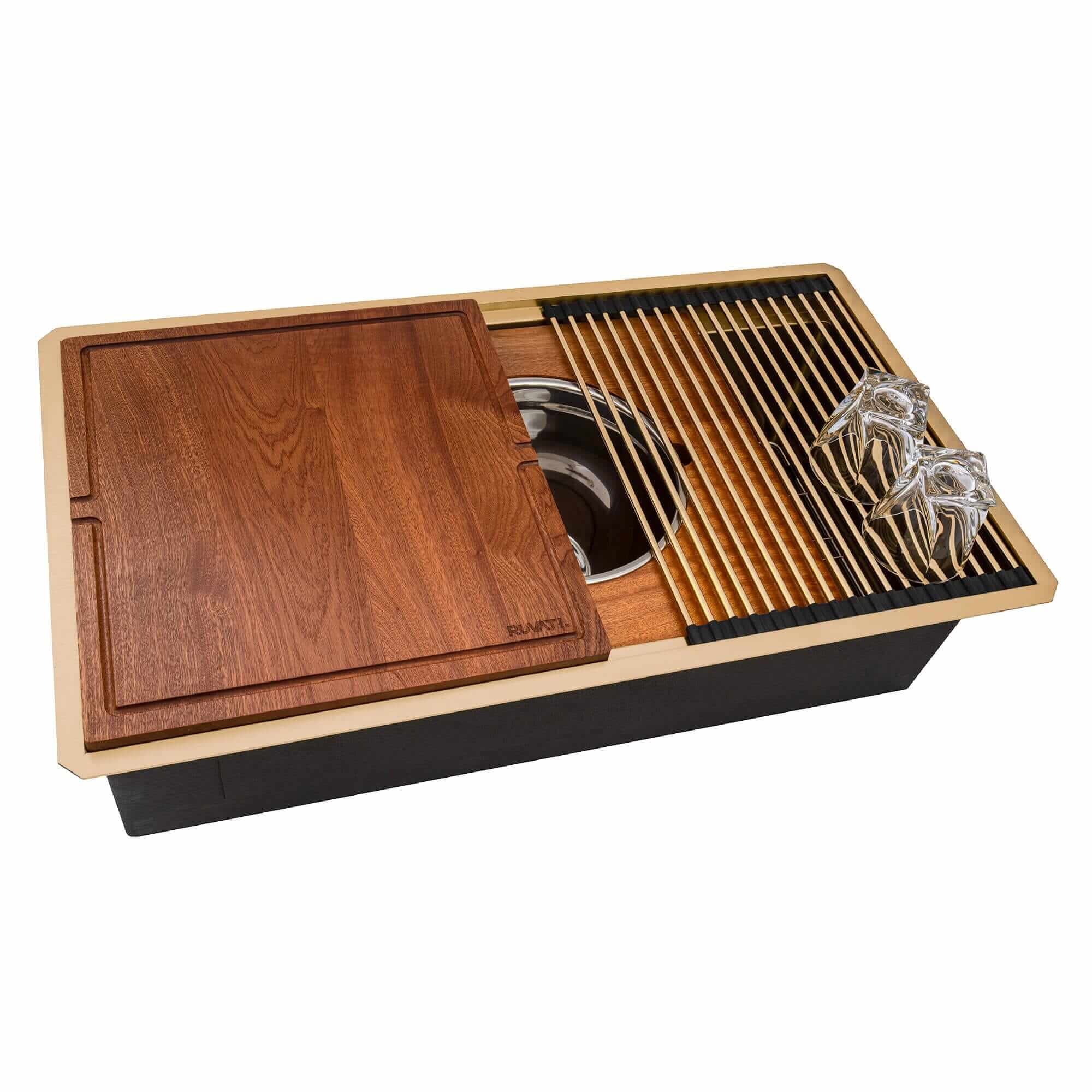 Dual-Tier Pro Ruvati 33-inch Matte Gold Stainless Steel Workstation Two-Tiered Ledge Undermount Kitchen Sink – Model# RVH6222GG