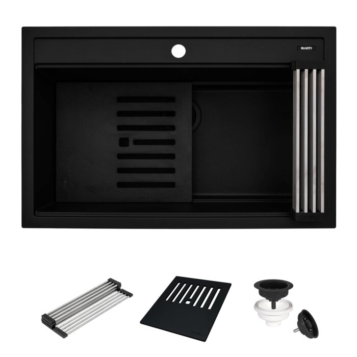 epiCube Model: RVG1634BK Ruvati 34-inch epiCube Granite Composite Quartz Workstation Matte Black Drop-in Topmount Kitchen Sink – RVG1634BK