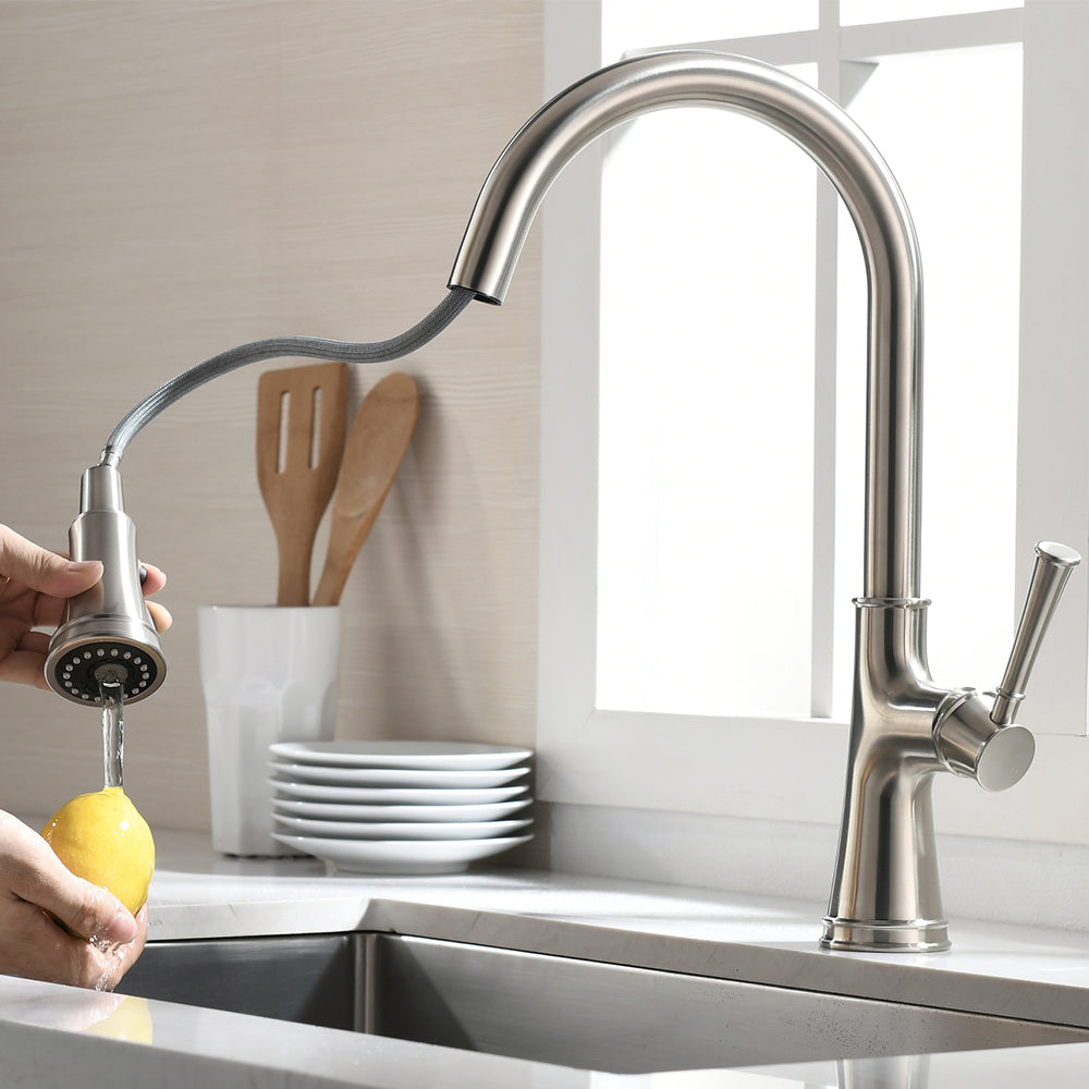 Single Handle 1 Hole Pull-Down Kitchen Faucet in Brushed Nickel – Model# KSK1129BN