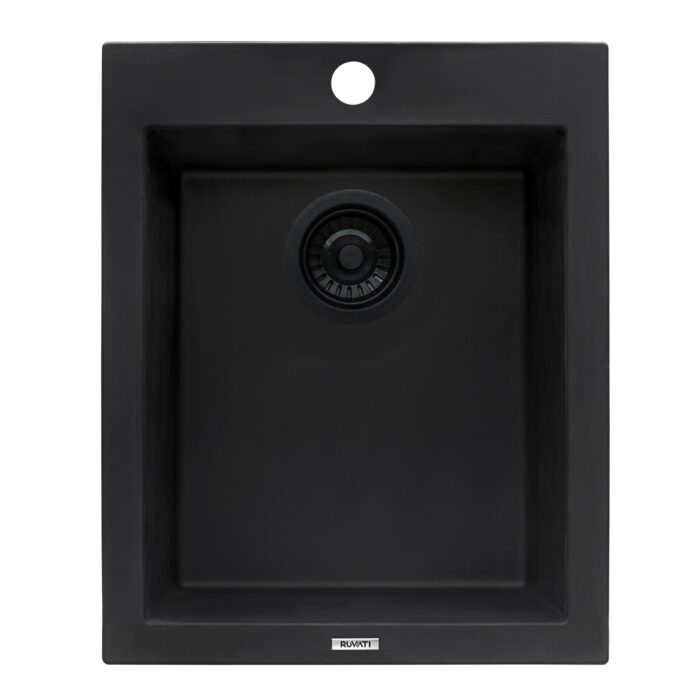 epiGranite Model: RVG1016BK Ruvati 16 x 20 inch epiGranite Drop-in Topmount Granite Composite Quartz Single Bowl Wet Bar Prep Sink – Midnight Black – RVG1016BK