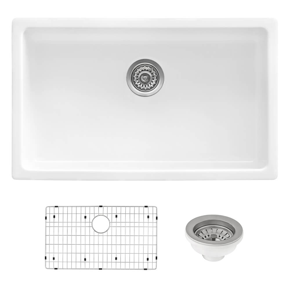 Fiamma Model: RVL3030WH Ruvati 30-inch Fireclay Undermount / Drop-in Topmount Kitchen Sink Single Bowl – White – RVL3030WH