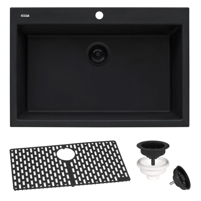 epiGranite Model: RVG1030BK Ruvati 30 x 20 inch epiGranite Drop-in Topmount Granite Composite Quartz Single Bowl Kitchen Sink – Midnight Black – RVG1030BK