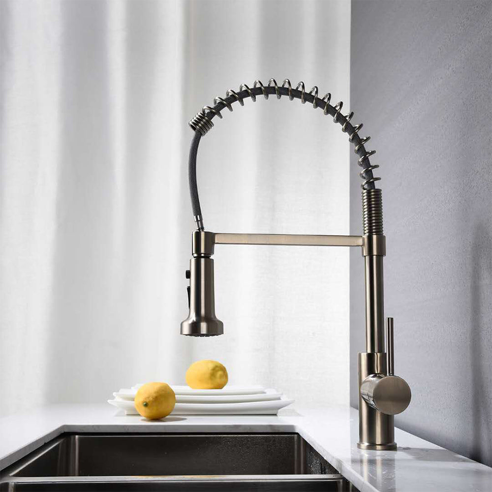 Single Handle 1 Hole Pull-Down Kitchen Faucet with Spring in Brushed Nickel Model# KSK1125BN