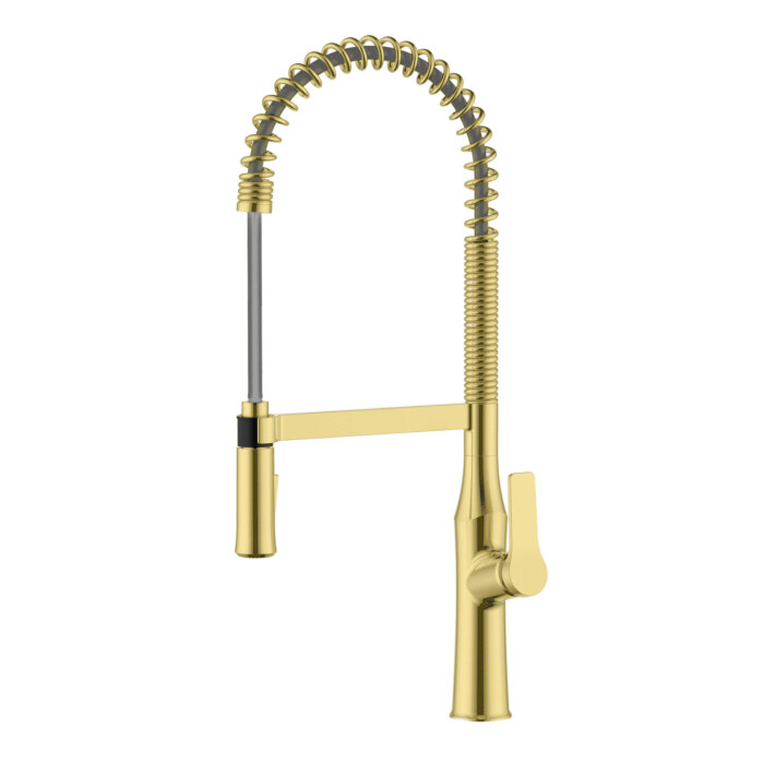 Seneca Model: RVF1233SG Ruvati Seneca Brushed Gold Single Handle Pull Down Kitchen Faucet Tall High Arc Commercial with Pre-Rinse Sprayer – RVF1233SG