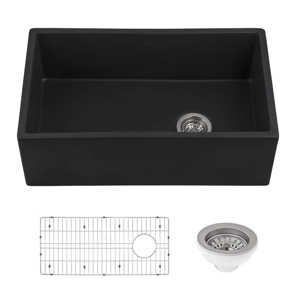 Fiamma Model: RVL4018MBK Ruvati 30-inch Matte Black Fireclay Modern Farmhouse Offset Drain Kitchen Sink Single Bowl – RVL4018MBK