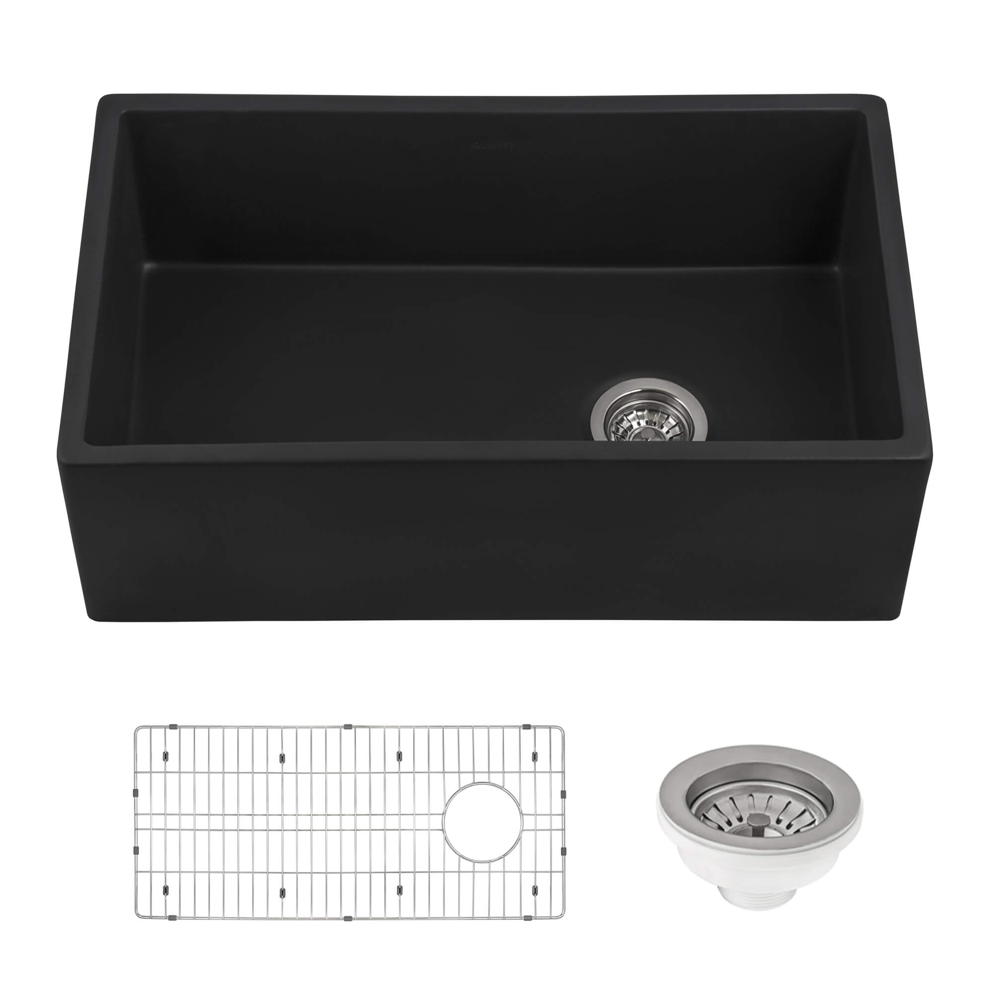Fiamma Model: RVL4018MBK Ruvati 30-inch Matte Black Fireclay Modern Farmhouse Offset Drain Kitchen Sink Single Bowl – RVL4018MBK
