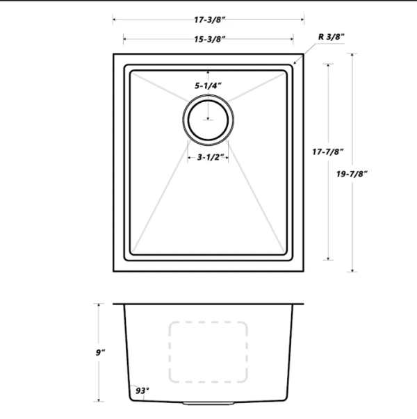 17″ Zero Radius Stainless Steel Undermount Kitchen Sink - Model #KSH17199L