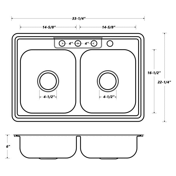 Oakland 33″ Drop-In Top Mount Stainless Steel 50/50 Double Bowl Kitchen Sink 4 Hole Model# KST332266B-4