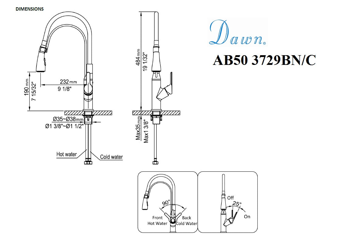 Dawn Single-Lever Pull-Out Spray Kitchen Faucet with Black Rubber Hose In Chrome Model# AB50 3729C