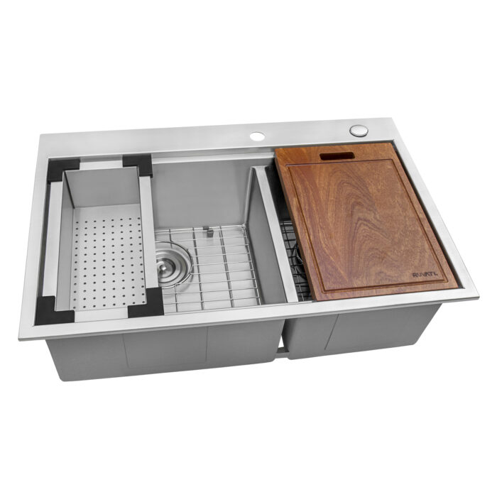 Siena Ruvati 33" x 22" Workstation Drop-in 60/40 Double Bowl Topmount Rounded Corners 16 Gauge Stainless Steel Ledge Kitchen Sink – Model # RVH8035