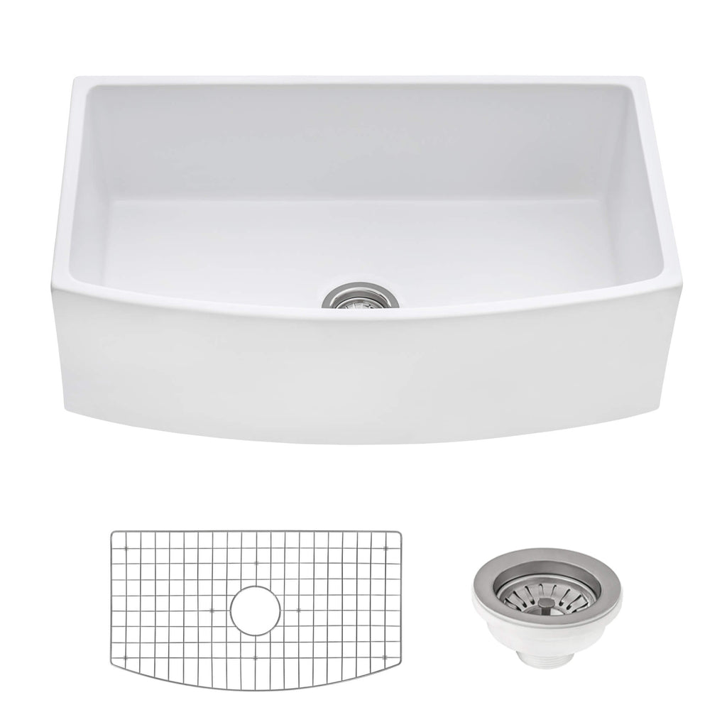 Fiamma Model: RVL2398WH Ruvati 33 inch Fireclay White Farmhouse Kitchen Sink Bow Front Curved Apron Single Bowl – RVL2398WH