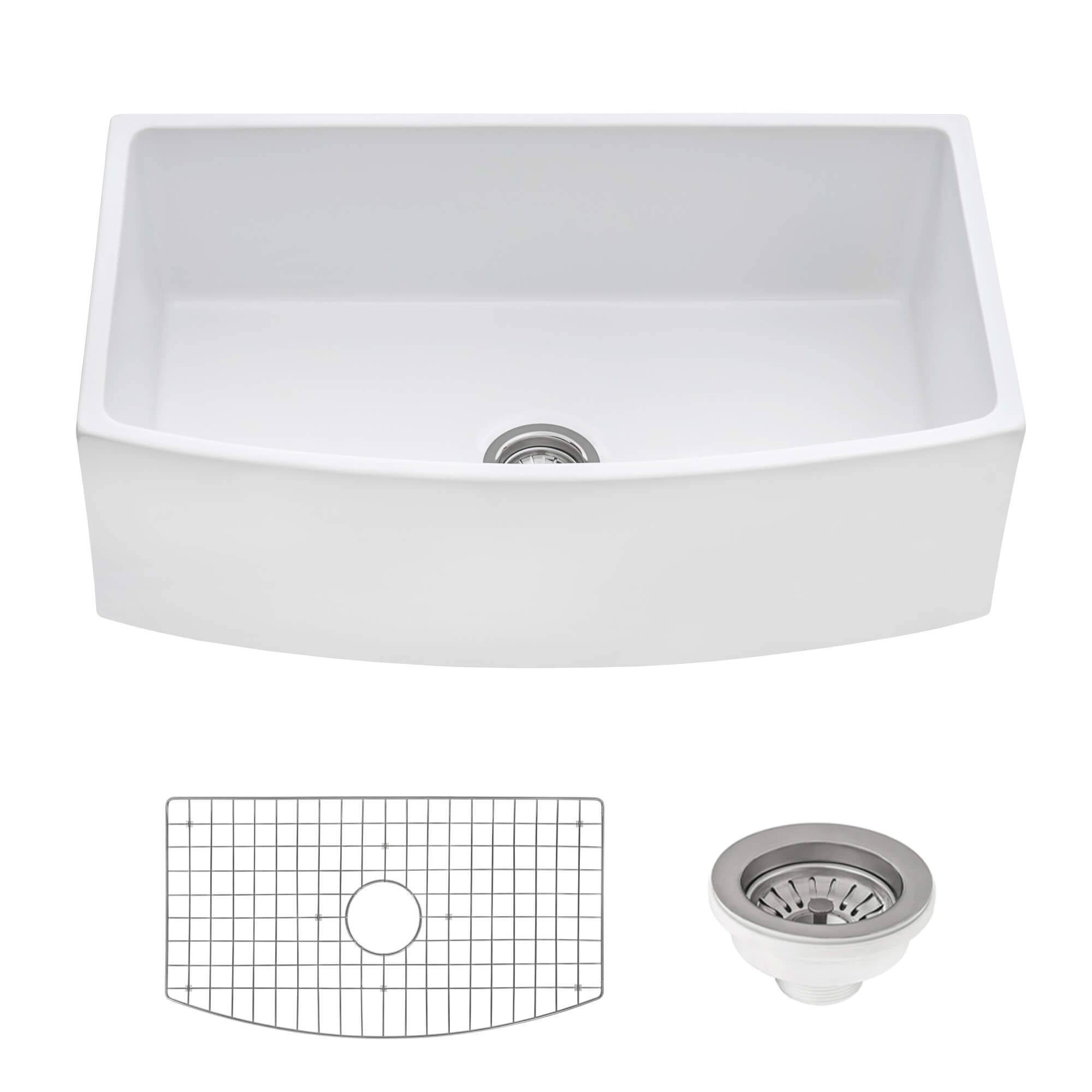 Fiamma Model: RVL2398WH Ruvati 33 inch Fireclay White Farmhouse Kitchen Sink Bow Front Curved Apron Single Bowl – RVL2398WH