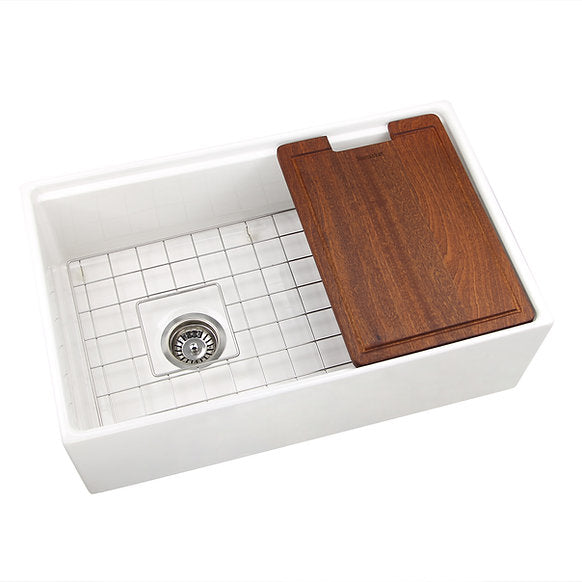 Nantucket Sinks - 30" Fireclay Reversible Workstation Farmhouse Fireclay Sink with Offset Drain and Accessories Model# T-PS30W