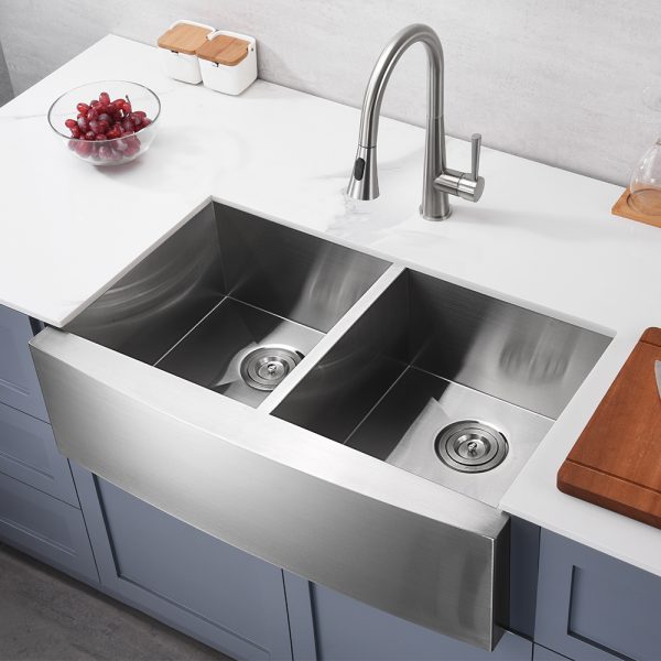 Oakland 33″ Zero Radius, Farmhouse 16 Gauge Stainless Steel Double Bowl Kitchen Sink Model# KSF332010D