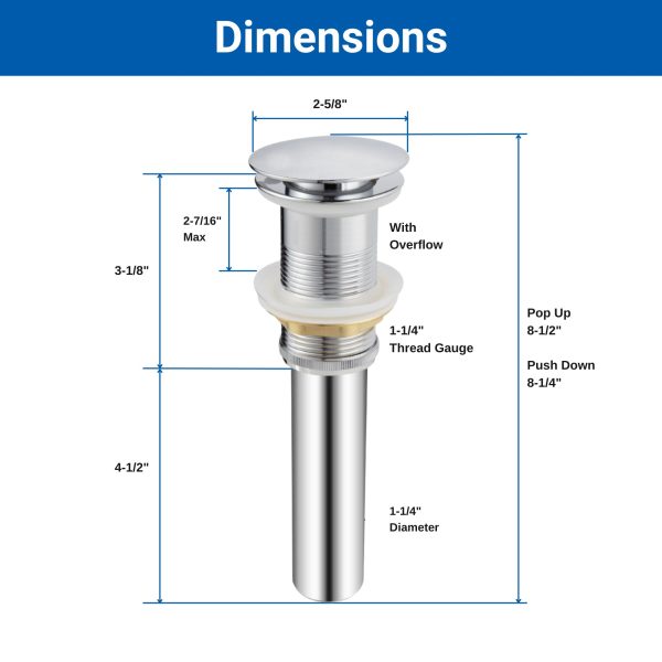 Oakland Bathroom Sink Drain Push Style Pop-Up Less Overflow in Chrome Finish Model# KSPOP-02