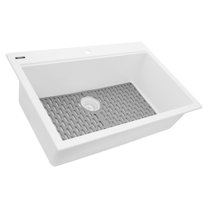 epiGranite Model: RVG1080WH Ruvati 33 x 22 inch epiGranite Drop-in Topmount Granite Composite Quartz Single Bowl Kitchen Sink – Arctic White Matte – RVG1080WH