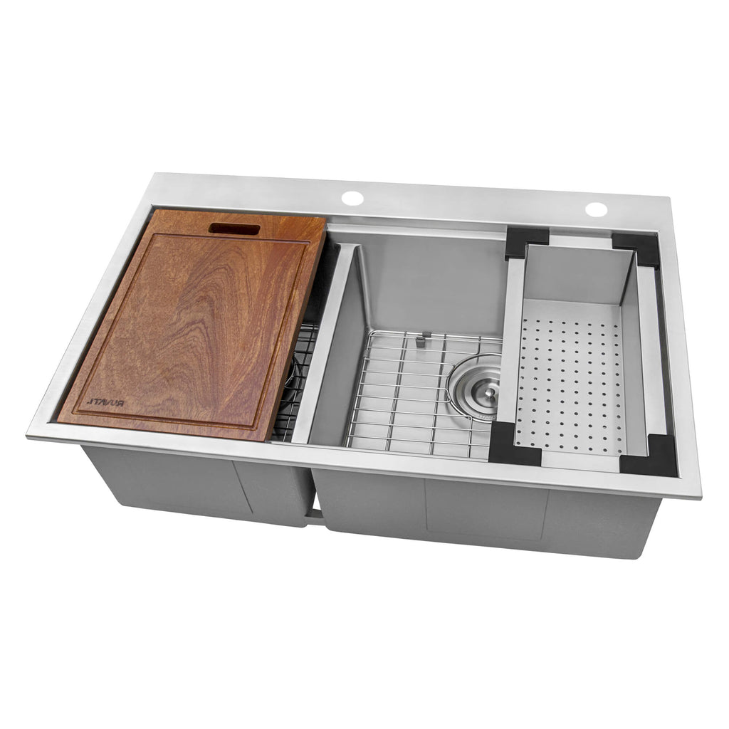 Siena Ruvati 33" x 22" Workstation Drop-in 40/60 Double Bowl Topmount Rounded Corners Kitchen Sink – Model # RVH8036