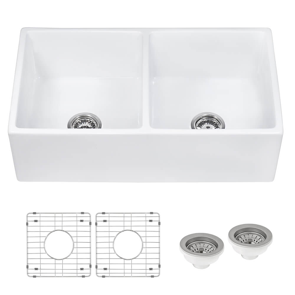 Fiamma Model: RVL2311WH Ruvati 33 x 18 inch Fireclay Farmhouse Apron-Front Kitchen Sink Double Bowl – White – RVL2311WH